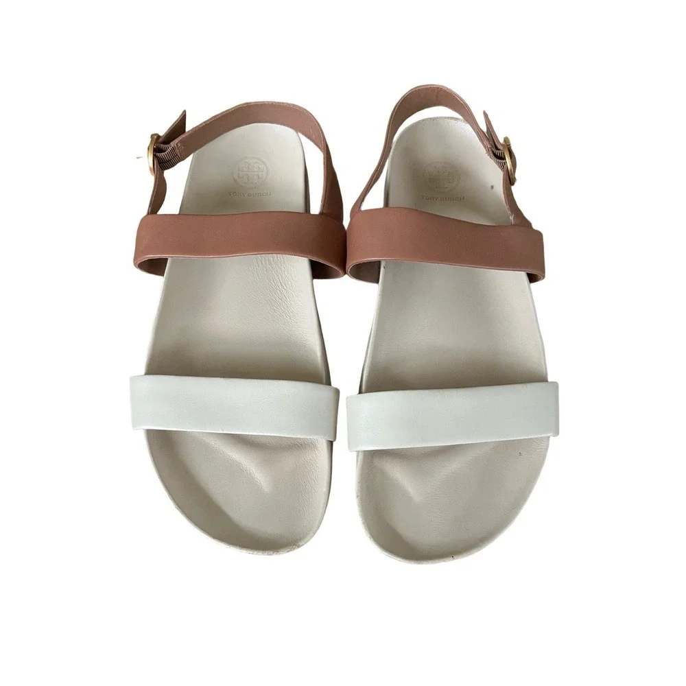 Tory Burch Women's Color Block Strap Sandal Size 10.5 Leather Brown Oatmeal Tan